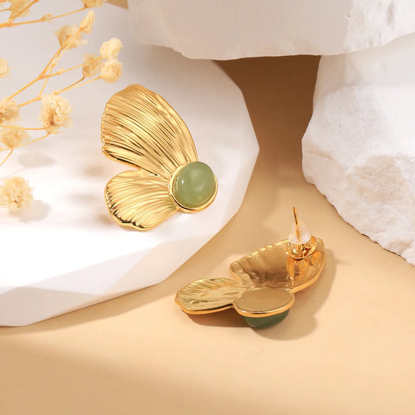 1 Pair Vintage Style Butterfly Inlay 304 Stainless Steel Natural Stone 18K Gold Plated Ear Studs