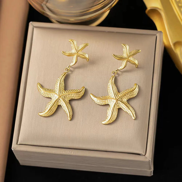 1 Pair Vintage Style Circle Starfish Plating Stainless Steel Hoop Earrings
