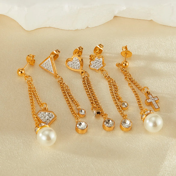 1 Pair Vintage Style Classic Style Cross Heart Shape Crown Inlay 304 Stainless Steel Artificial Pearls Zircon Drop Earrings