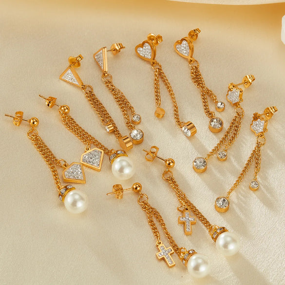 1 Pair Vintage Style Classic Style Cross Heart Shape Crown Inlay 304 Stainless Steel Artificial Pearls Zircon Drop Earrings
