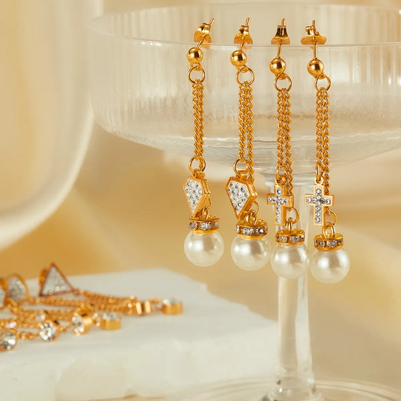 1 Pair Vintage Style Classic Style Cross Heart Shape Crown Inlay 304 Stainless Steel Artificial Pearls Zircon Drop Earrings