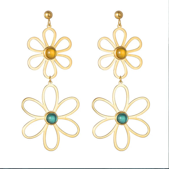 1 Pair Vintage Style French Style Simple Style Flower Plating Hollow Out Inlay 304 Stainless Steel Glass Stone 14K Gold Plated Drop Earrings