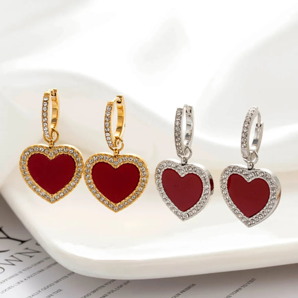 1 Pair Vintage Style French Style Simple Style Oil Painting Heart Shape 304 Stainless Steel Zircon Drop Earrings Ear Studs