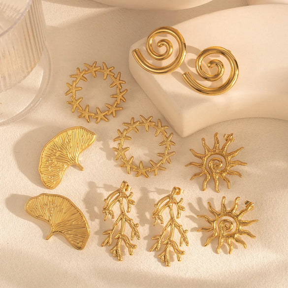 1 Pair Vintage Style French Style Sun Starfish Ginkgo Leaf 304 Stainless Steel Ear Studs