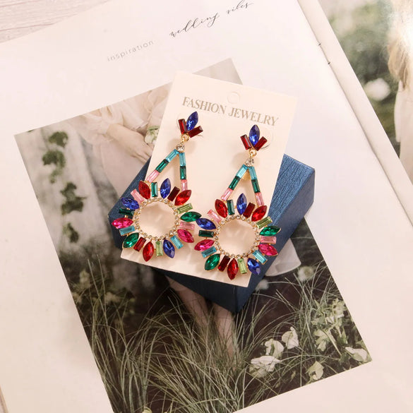 1 Pair Vintage Style Geometric Round Inlay Alloy Crystal Drop Earrings