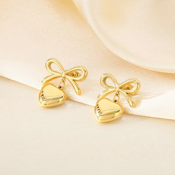 1 Pair Vintage Style Heart Shape Bow Knot 304 Stainless Steel 18K Gold Plated Drop Earrings