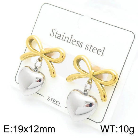 1 Pair Vintage Style Heart Shape Bow Knot 304 Stainless Steel 18K Gold Plated Drop Earrings