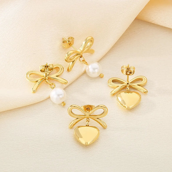 1 Pair Vintage Style Heart Shape Bow Knot 304 Stainless Steel 18K Gold Plated Drop Earrings