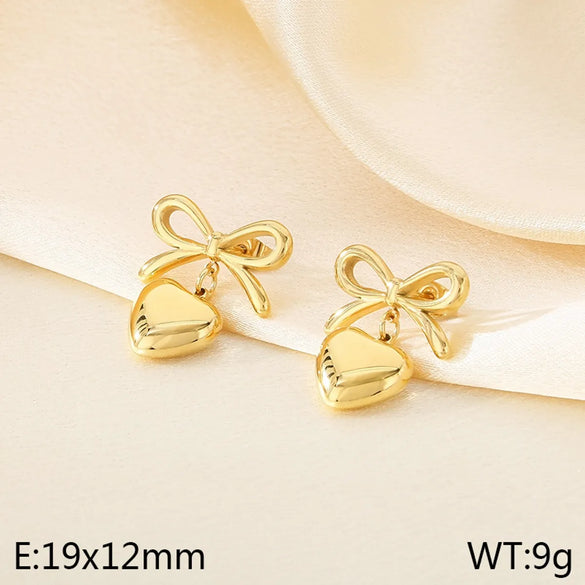 1 Pair Vintage Style Heart Shape Bow Knot 304 Stainless Steel 18K Gold Plated Drop Earrings