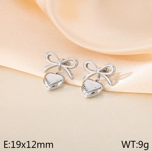 1 Pair Vintage Style Heart Shape Bow Knot 304 Stainless Steel 18K Gold Plated Drop Earrings