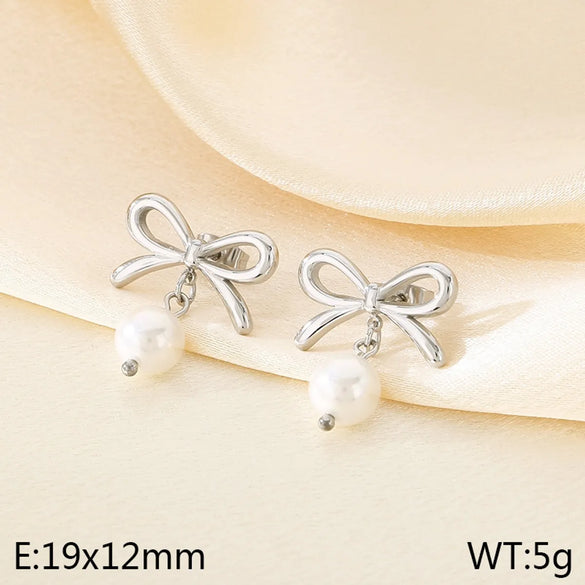 1 Pair Vintage Style Heart Shape Bow Knot 304 Stainless Steel 18K Gold Plated Drop Earrings