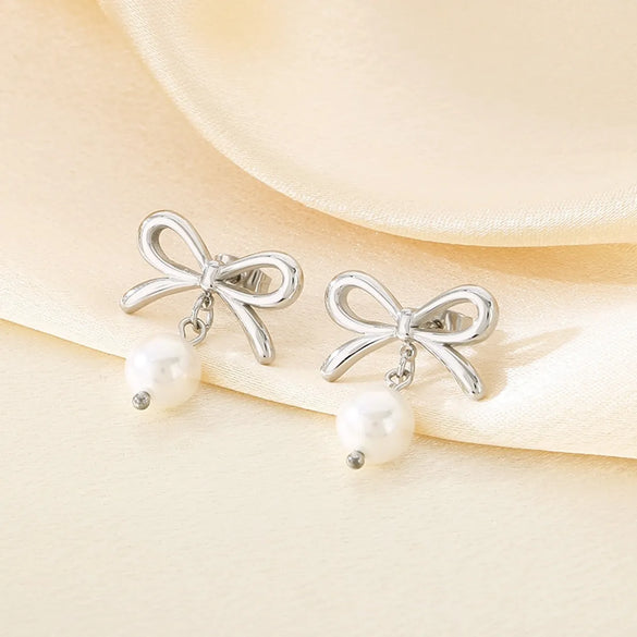1 Pair Vintage Style Heart Shape Bow Knot 304 Stainless Steel 18K Gold Plated Drop Earrings