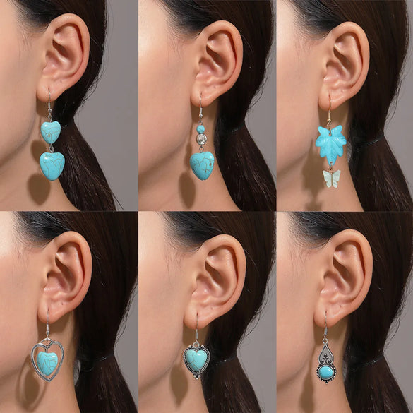 1 Pair Vintage Style Heart Shape Inlay Alloy Turquoise Silver Plated Drop Earrings