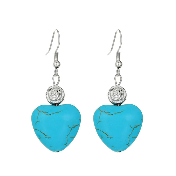 1 Pair Vintage Style Heart Shape Inlay Alloy Turquoise Silver Plated Drop Earrings