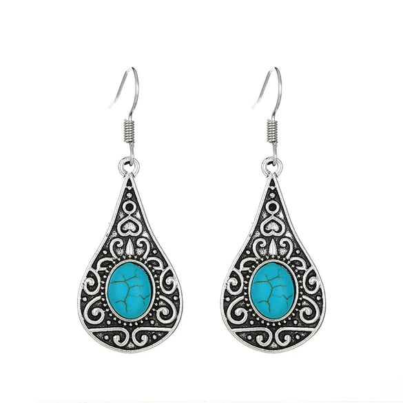 1 Pair Vintage Style Heart Shape Inlay Alloy Turquoise Silver Plated Drop Earrings