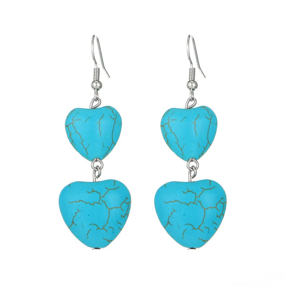 1 Pair Vintage Style Heart Shape Inlay Alloy Turquoise Silver Plated Drop Earrings