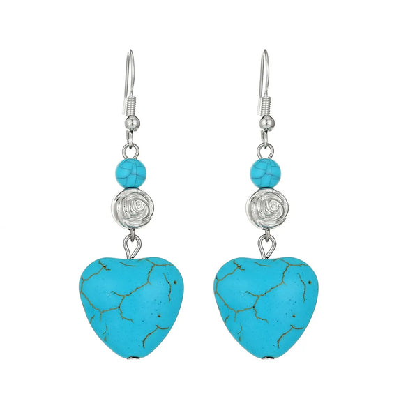 1 Pair Vintage Style Heart Shape Inlay Alloy Turquoise Silver Plated Drop Earrings