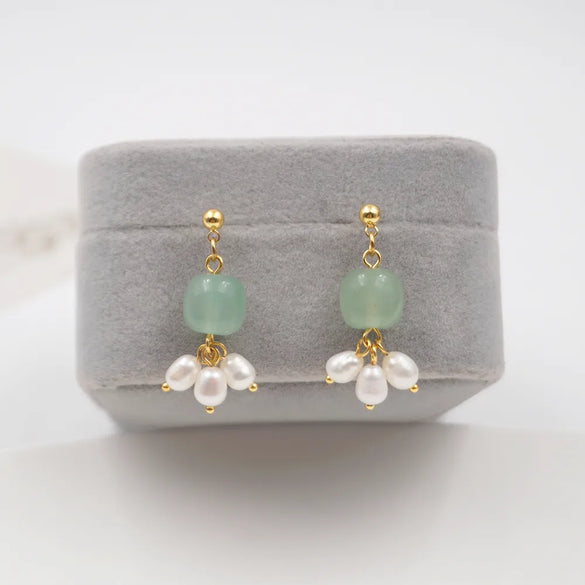 1 Pair Vintage Style Lady Ethnic Style Geometric Natural Stone Freshwater Pearl Copper Gold Plated Drop Earrings