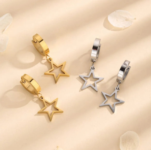 1 Pair Vintage Style Simple Style Star Steel Ball 304 Stainless Steel 18K Gold Plated Hoop Earrings Drop Earrings