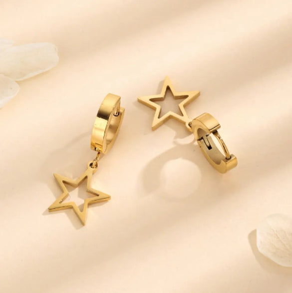 1 Pair Vintage Style Simple Style Star Steel Ball 304 Stainless Steel 18K Gold Plated Hoop Earrings Drop Earrings