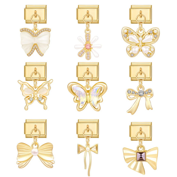 1 Piece 9*10mm 304 Stainless Steel Zircon Heart Shape Flower Bow Knot Italian Charms