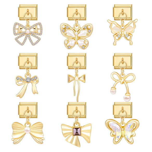 1 Piece 9*10mm 304 Stainless Steel Zircon Heart Shape Flower Bow Knot Italian Charms