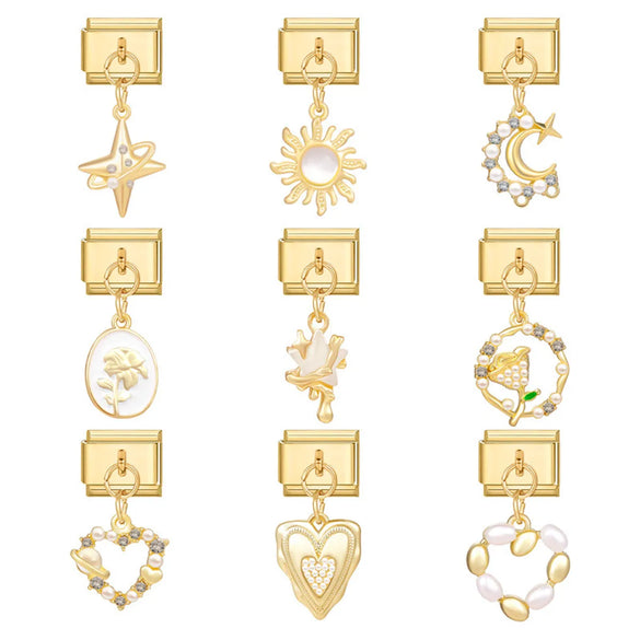 1 Piece 9*10mm 304 Stainless Steel Zircon Heart Shape Flower Bow Knot Italian Charms