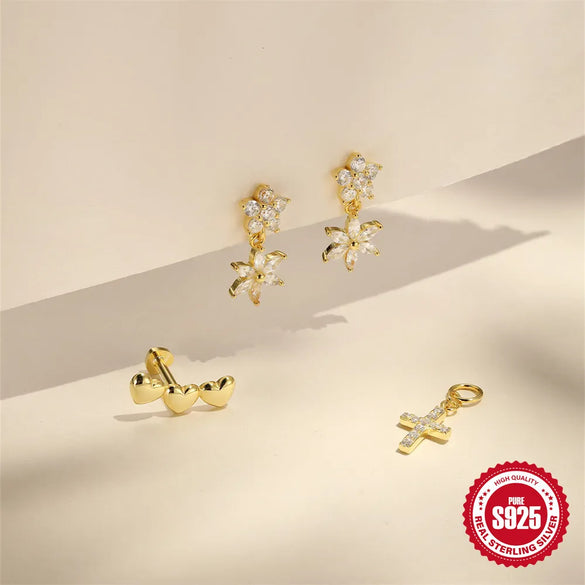 1 Piece 925 Sterling Silver Zircon 925 Sterling Silver Earrings Cross Drop Earrings