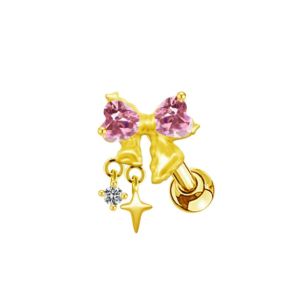 1 Piece Casual Elegant Tropical Heart Shape Bow Knot Rhinestone Plating Inlay 304 Stainless Steel Copper Gem Rhinestones Zircon 18K Gold Plated Cartilage Earrings