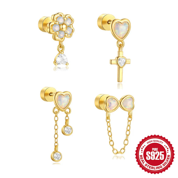1 Piece Ear Cartilage Rings & Studs Elegant Simple Style Heart Shape Flower 925 Sterling Silver Opal Ear Cartilage Rings & Studs
