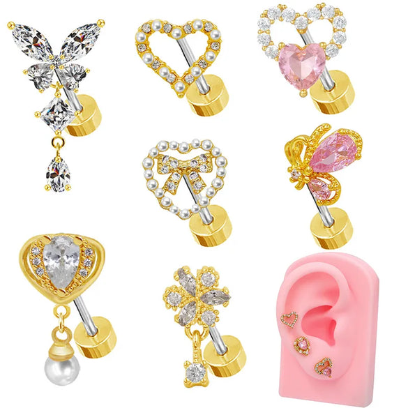 1 Piece Ear Cartilage Rings & Studs Hip-Hop Cool Style Heart Shape Butterfly Bow Knot 316 Stainless Steel  Copper Inlay Resin Glass Gold Plated
