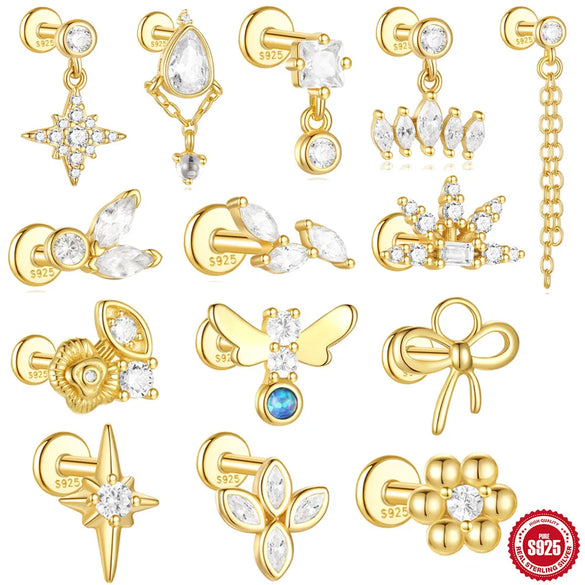 1 Piece Ear Cartilage Rings & Studs IG Style Geometric Flower Bow Knot 925 Sterling Silver Plating Inlay Zircon Ear Cartilage Rings & Studs