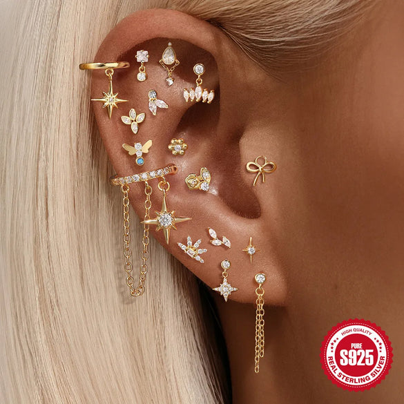 1 Piece Ear Cartilage Rings & Studs IG Style Geometric Flower Bow Knot 925 Sterling Silver Plating Inlay Zircon Ear Cartilage Rings & Studs