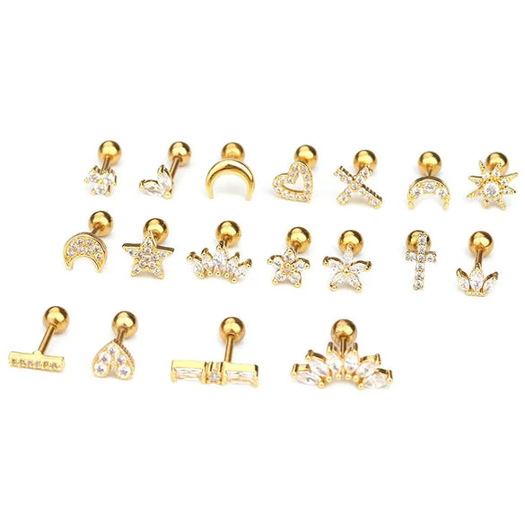 1 Piece IG Style Star Moon Inlay 304 Stainless Steel Zircon 14K Gold Plated Ear Studs