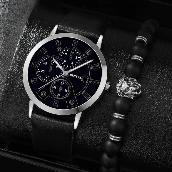 1 Piece Men'S Fashion Up Quartz Watch And 1 Piece Exquisite Lion'S Head Bracelet
