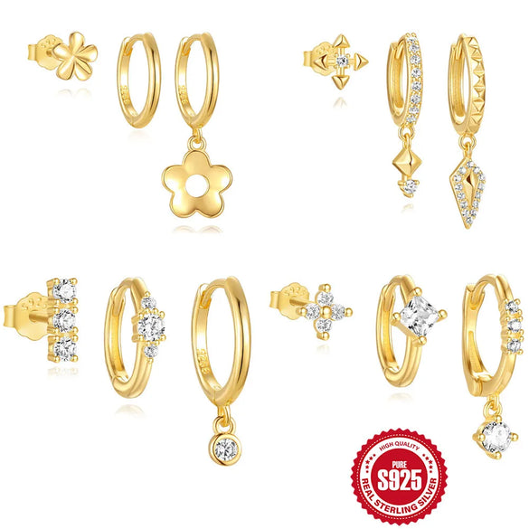 1 Set 925 Sterling Silver Zircon 925 Sterling Silver Earrings Geometric Flower Drop Earrings Earrings Ear Studs