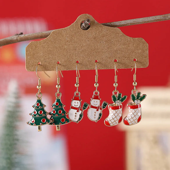 1 Set Cute Sweet Christmas Tree Santa Claus Snowman Enamel Zinc Alloy Drop Earrings