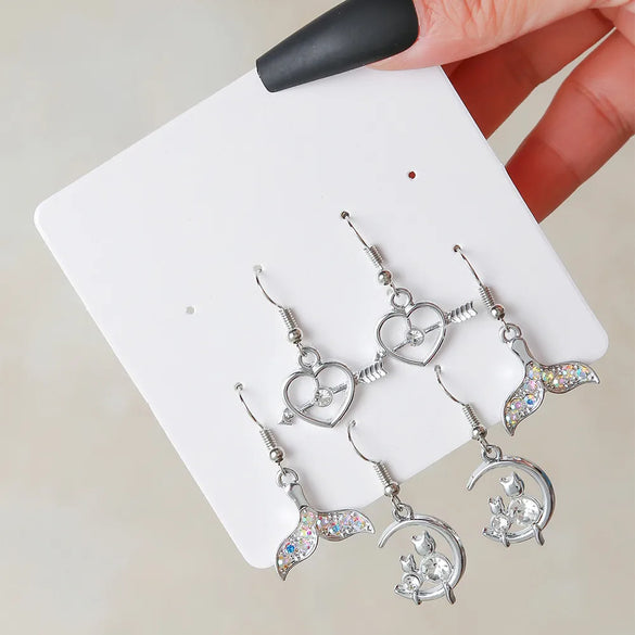 1 Set Cute Sweet Heart Shape Butterfly Fish Tail Alloy Rhinestones Ear Hook