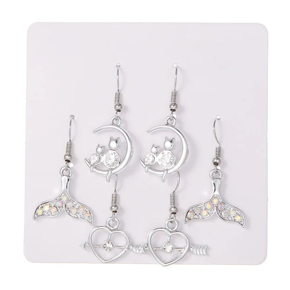 1 Set Cute Sweet Heart Shape Butterfly Fish Tail Alloy Rhinestones Ear Hook
