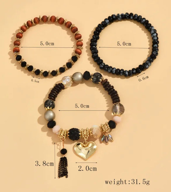 1 Set Fashion Heart Shape Alloy Resin Beaded Tassel Inlay Rhinestones Women'S Bracelets
