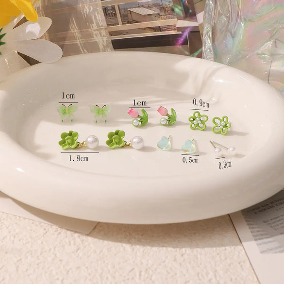 1 Set IG Style Sweet Heart Shape Flower Butterfly Inlay Alloy Rhinestones Pearl Ear Studs