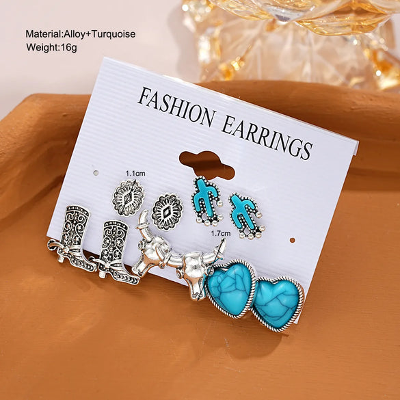 1 Set IG Style Vintage Style Exaggerated Cactus Cattle Boots Inlay Alloy Turquoise Ear Studs