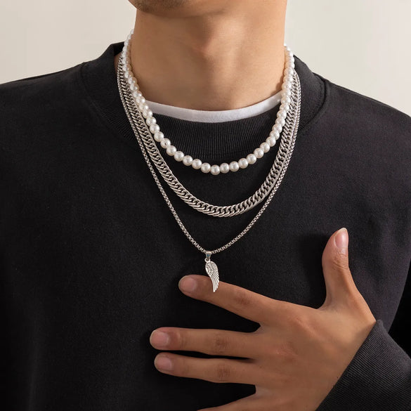 Wholesale Jewelry Punk Pearl Wings Artificial Pearl Alloy Iron Beaded Chain Necklace