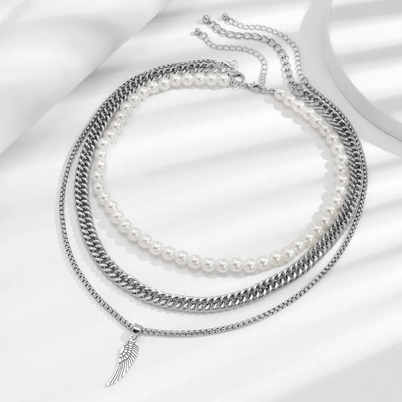 Wholesale Jewelry Punk Pearl Wings Artificial Pearl Alloy Iron Beaded Chain Necklace