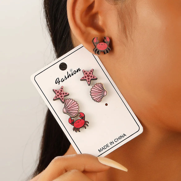 1 Set Vacation Beach Tortoise Starfish Crab Wood Ear Studs