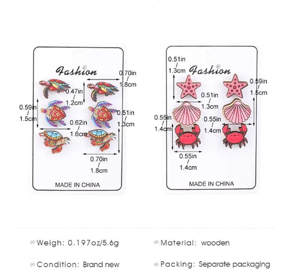 1 Set Vacation Beach Tortoise Starfish Crab Wood Ear Studs