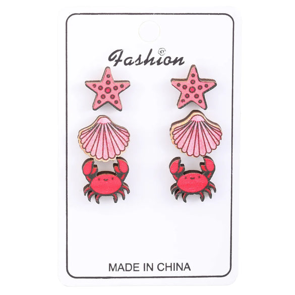 1 Set Vacation Beach Tortoise Starfish Crab Wood Ear Studs