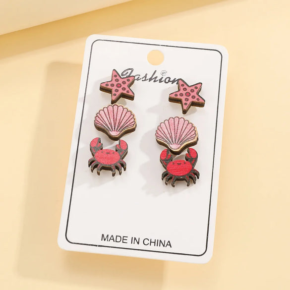 1 Set Vacation Beach Tortoise Starfish Crab Wood Ear Studs