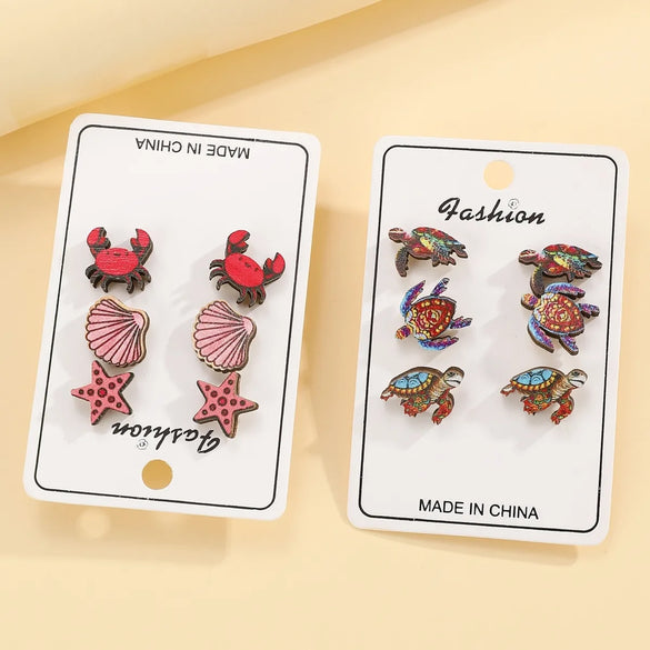 1 Set Vacation Beach Tortoise Starfish Crab Wood Ear Studs