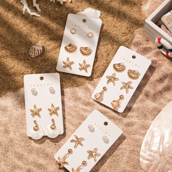 1 Set Vacation Marine Style Beach Starfish Shell Arylic Alloy Drop Earrings Ear Studs